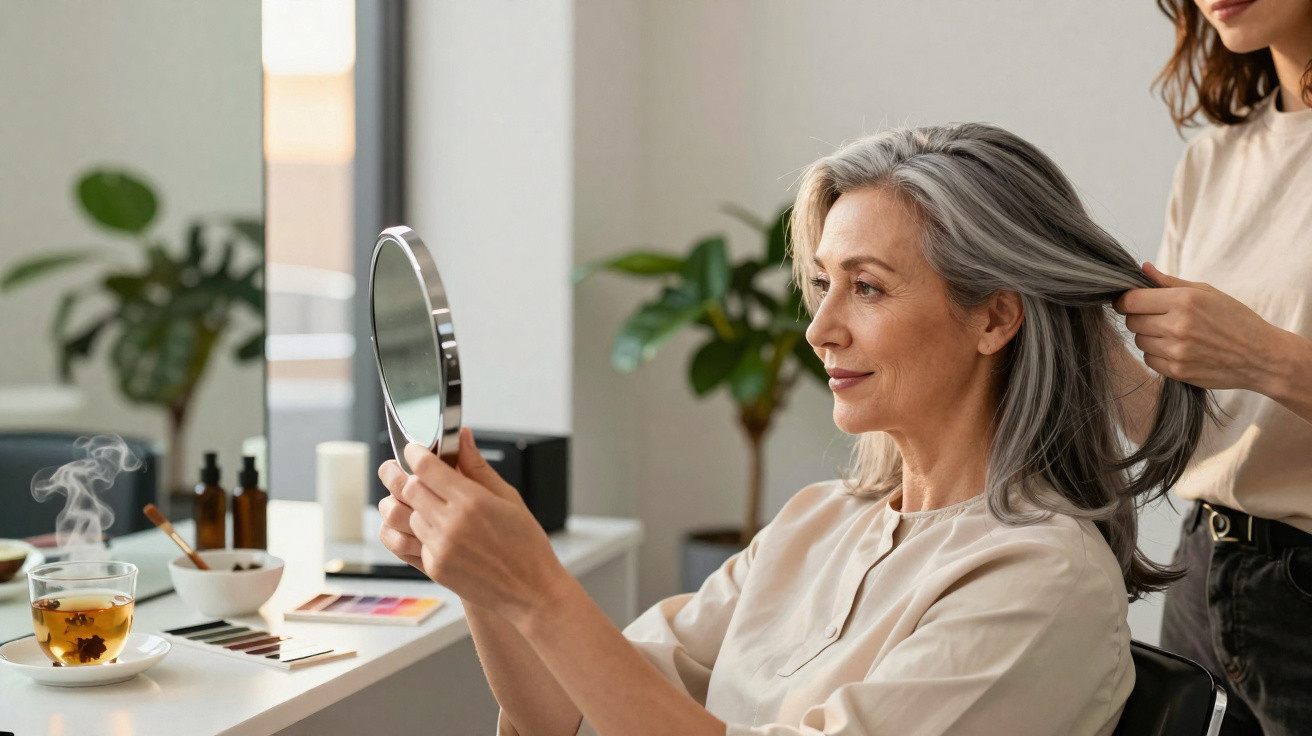Femme aux cheveux gris se regardant dans un miroir pendant qu'une autre personne coiffe ses cheveux dans un salon lumineux.
