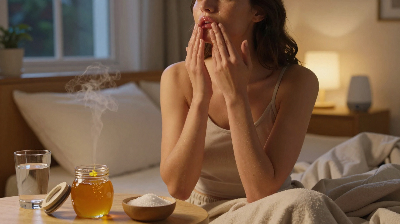 Femme appliquant un soin sur ses lèvres, assise sur un lit avec miel, sel et verre d'eau sur une table.
