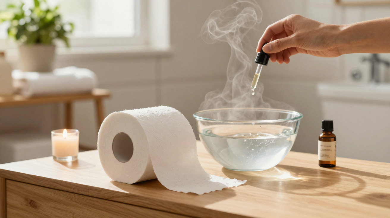 Main tenant un compte-gouttes au-dessus d'un bol d'eau fumante, un rouleau de papier toilette et une bougie allumée sur une t
