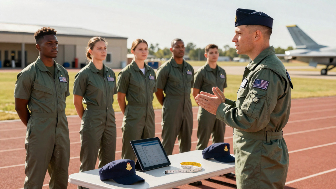 Un groupe de militaires en uniforme écoute un instructeur debout devant une table avec tablette et casquettes.