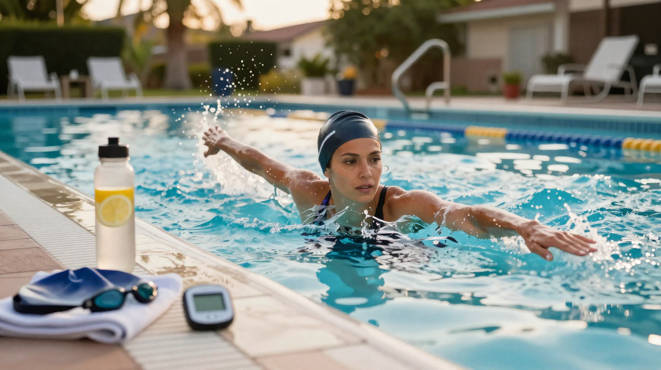 Nageuse en bonnet effectuant le crawl dans une piscine extérieure avec équipements de natation au bord.