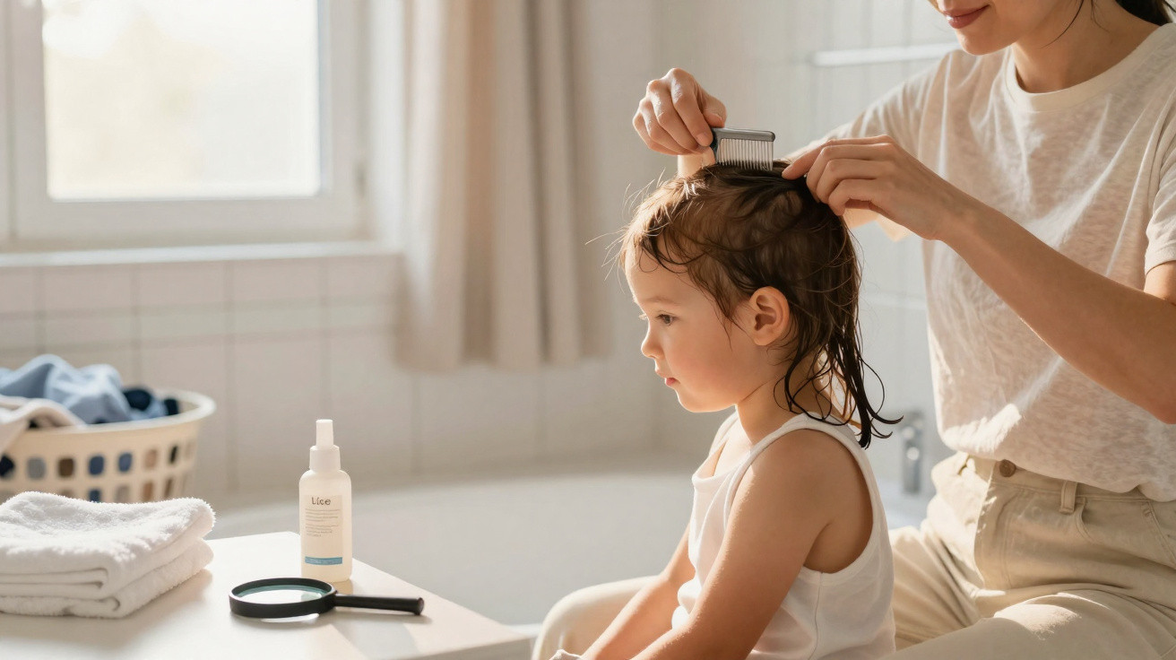 Une adulte peigne les cheveux d'un enfant assis dans une salle de bain lumineuse.