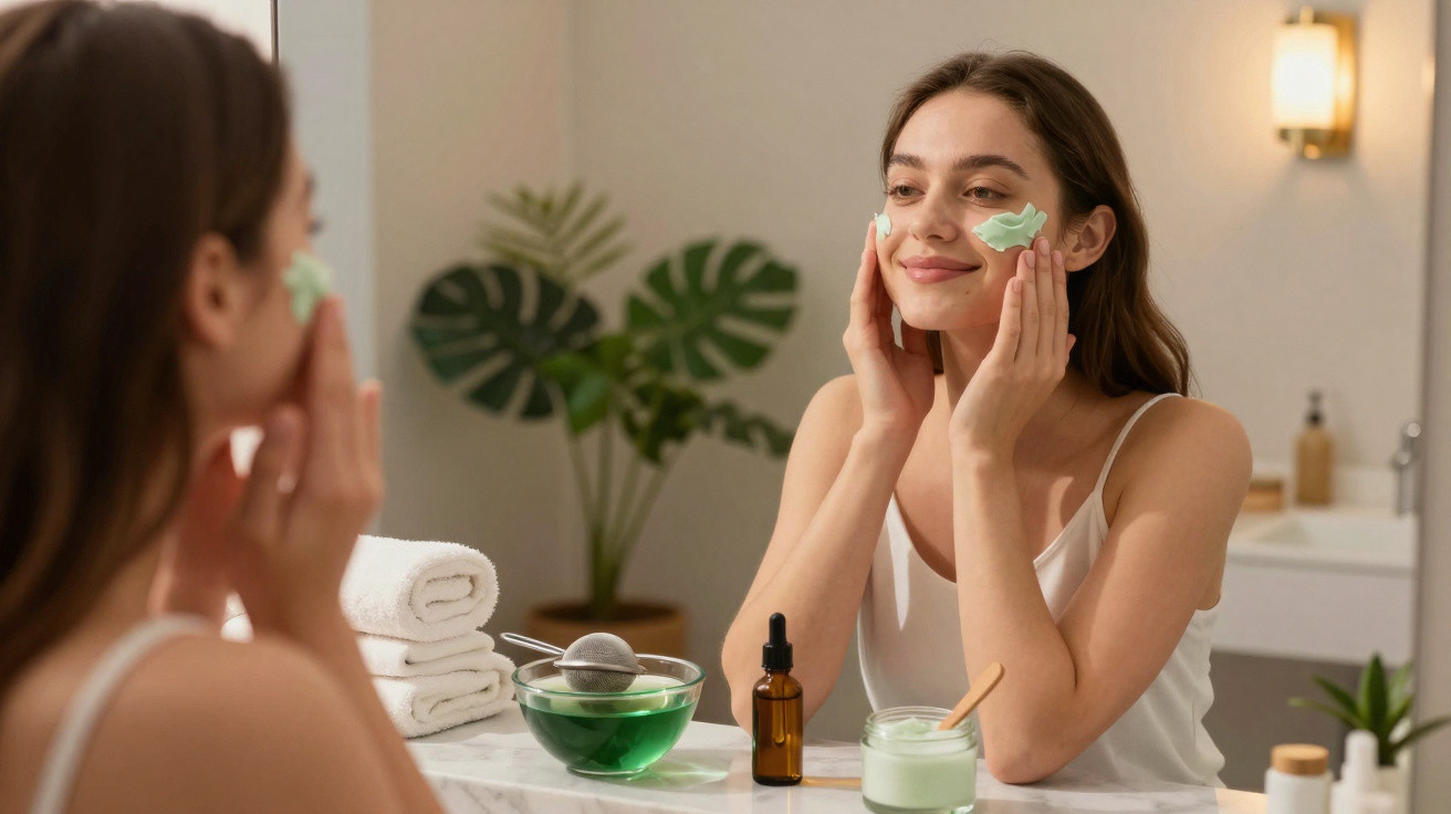 Jeune femme appliquant un masque vert sur son visage devant un miroir dans une salle de bain lumineuse.