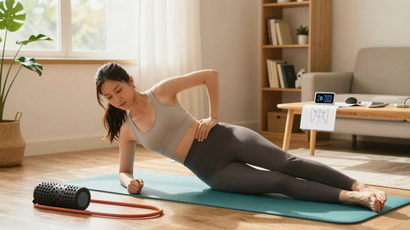Femme en tenue de sport faisant un gainage latéral sur un tapis dans un salon lumineux.