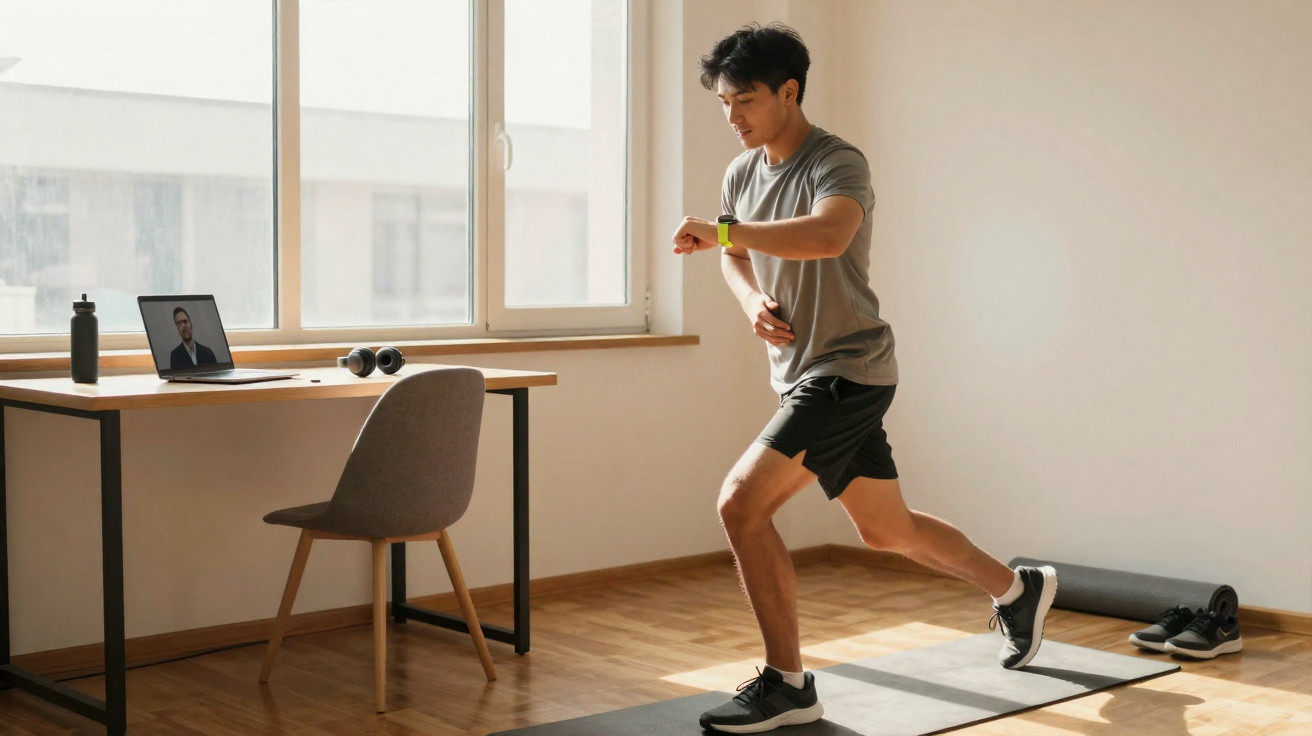 Homme en tenue de sport fait des exercices de fentes devant un ordinateur portable dans une pièce lumineuse.