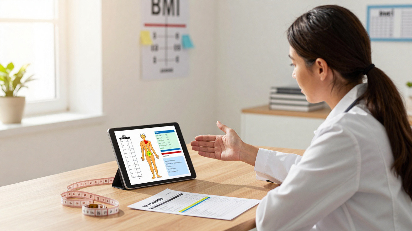 Médecin femme expliquant des données de santé sur tablette à des fins de consultation dans un bureau lumineux.