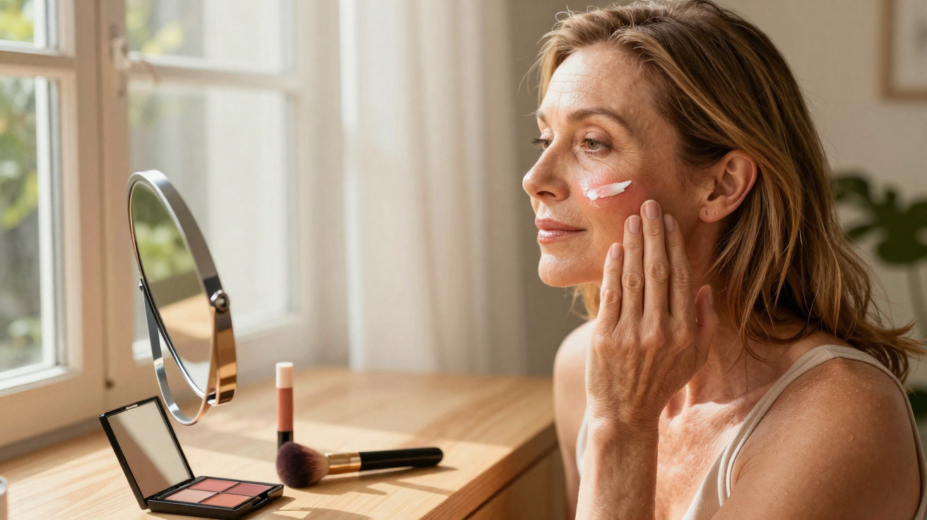 Femme appliquant une crème sur son visage devant une fenêtre avec maquillage posé sur une table en bois.
