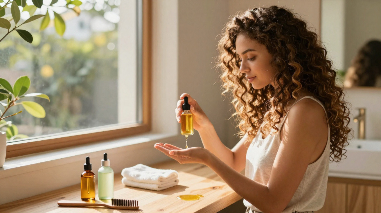 Femme aux cheveux bouclés appliquant de l'huile essentielle sur la main près d'une fenêtre lumineuse.