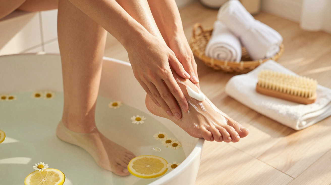 Personne appliquant une crème hydratante sur un pied après un bain de pieds aux agrumes et fleurs.