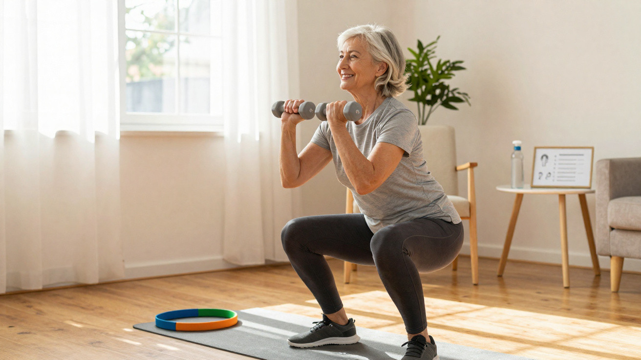 Femme âgée souriante faisant des squats avec des haltères dans un salon lumineux et décoré.