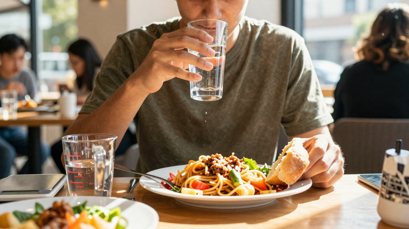 Homme buvant un verre d'eau en mangeant des spaghetti bolognaise avec du pain dans un restaurant.