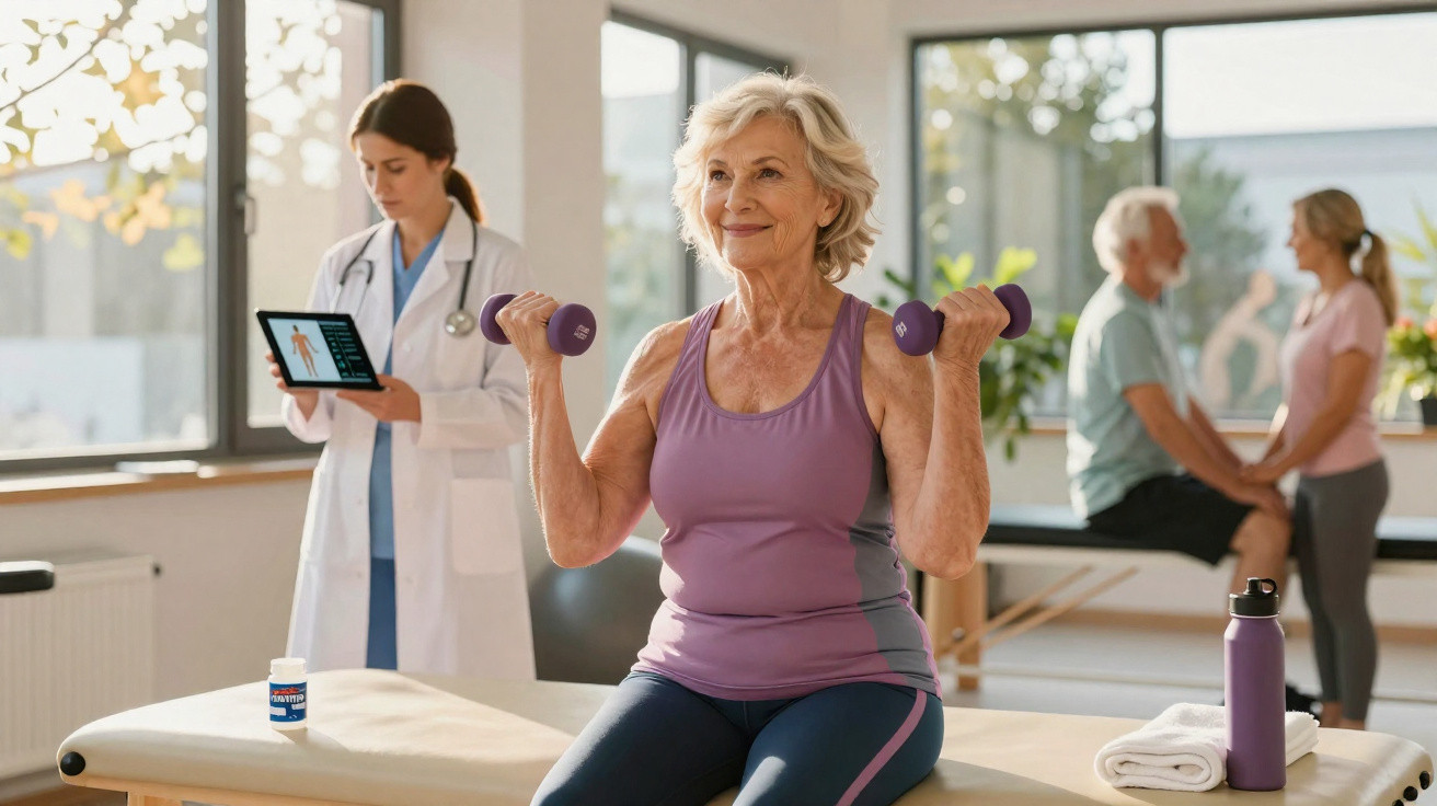 Femme âgée faisant des exercices avec des haltères, médecin et couple en consultation en arrière-plan lumineux.