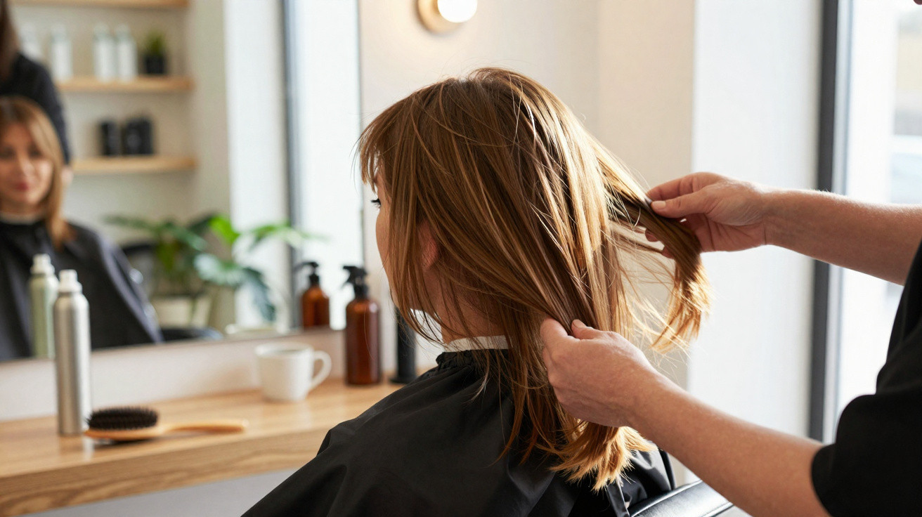 Coiffeur tenant les cheveux d'une cliente assise dans un salon, avec miroir et accessoires visibles.