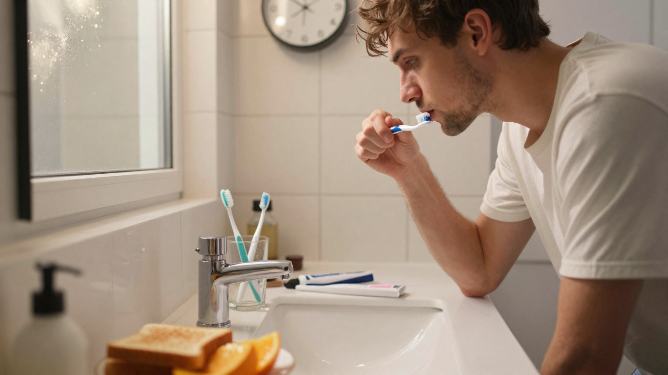 Un homme se brosse les dents dans une salle de bain moderne avec une horloge et une assiette de petit-déjeuner.