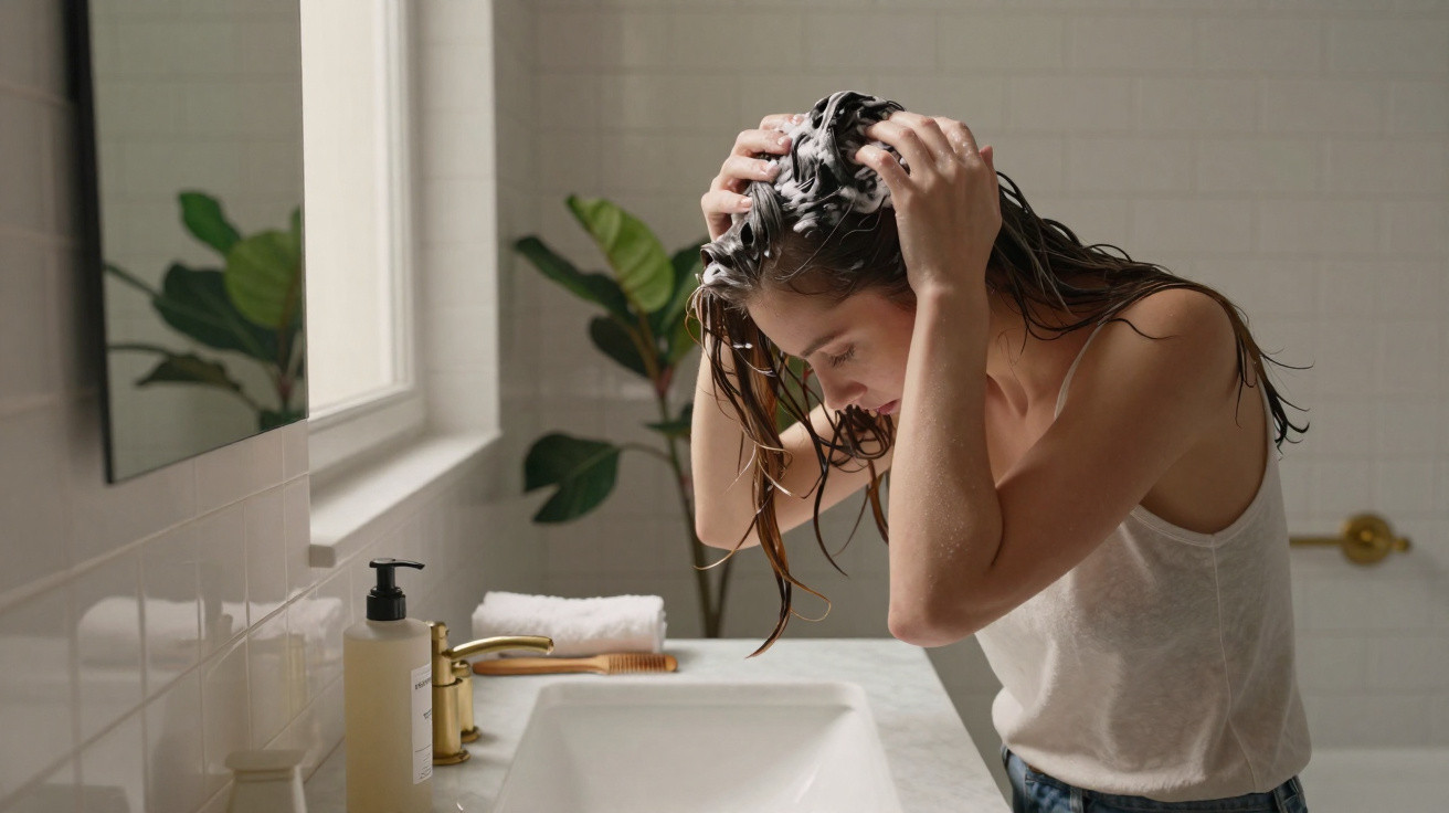 Jeune femme lave ses cheveux avec du shampooing dans une salle de bain lumineuse devant un miroir.