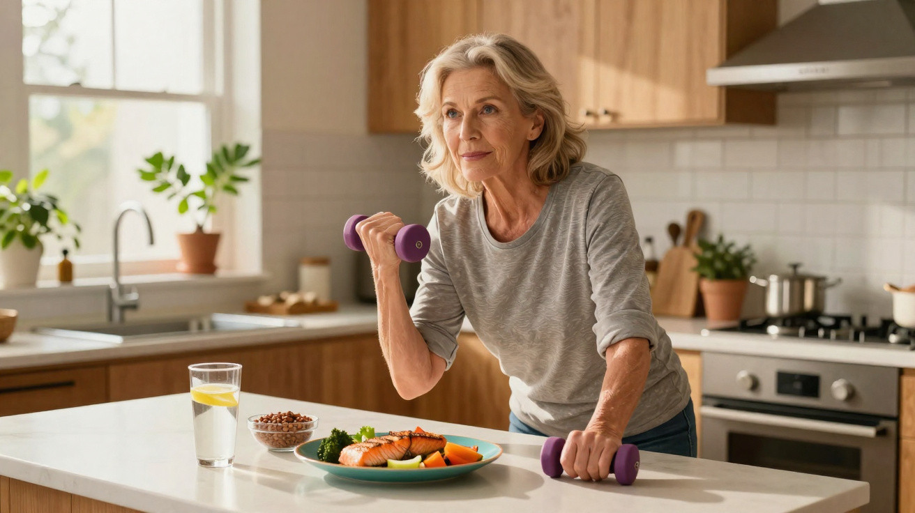 Femme âgée faisant des exercices avec des haltères dans une cuisine moderne près d’un repas sain.