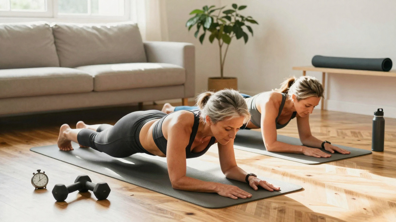 Deux femmes font la planche sur des tapis de yoga dans un salon lumineux avec un canapé, haltères et une plante.
