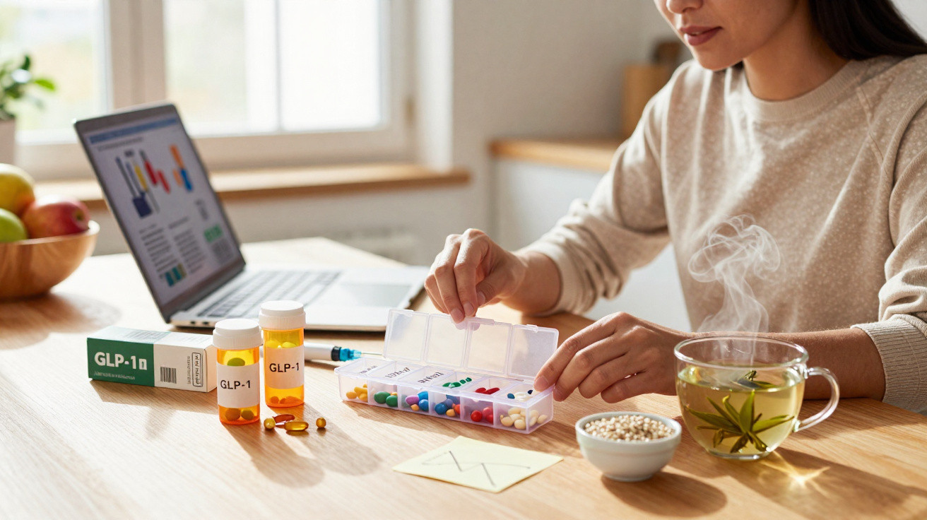 Femme préparant sa pilulier avec des médicaments, un ordinateur portable et une tasse de tisane sur la table.