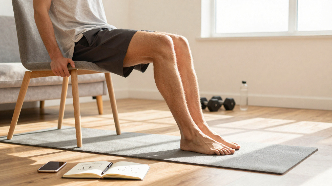 Homme assis sur une chaise effectuant un exercice avec les jambes sur un tapis dans une pièce lumineuse.
