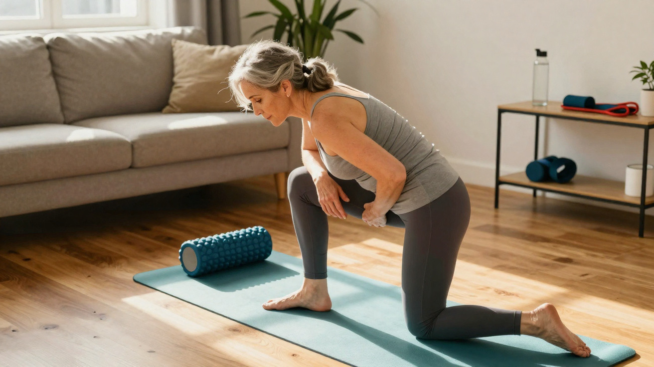 Femme mûre en tenue de sport étirant ses jambes sur un tapis de yoga dans un salon lumineux.