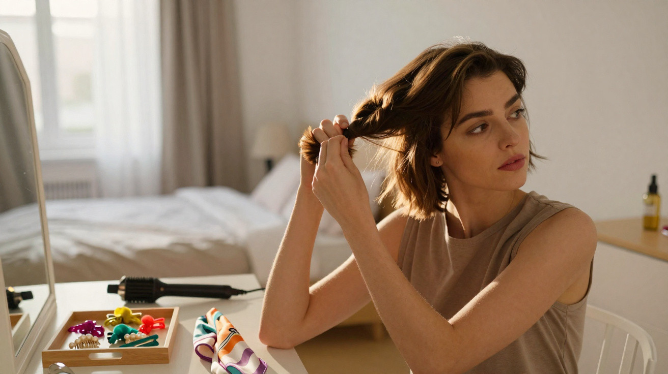Femme en train de se coiffer devant une coiffeuse dans une chambre lumineuse.