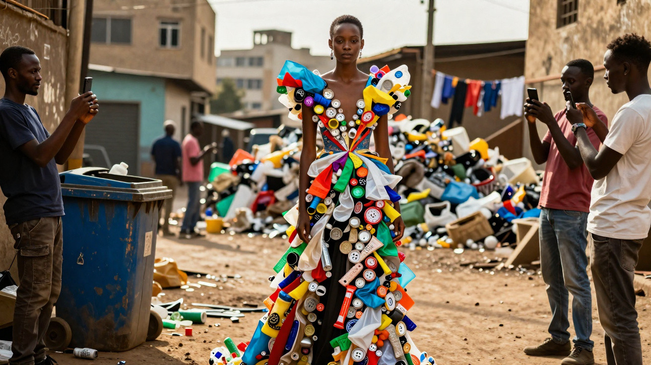 Femme portant une robe colorée faite de déchets plastiques, entourée de personnes prenant des photos dans la rue.