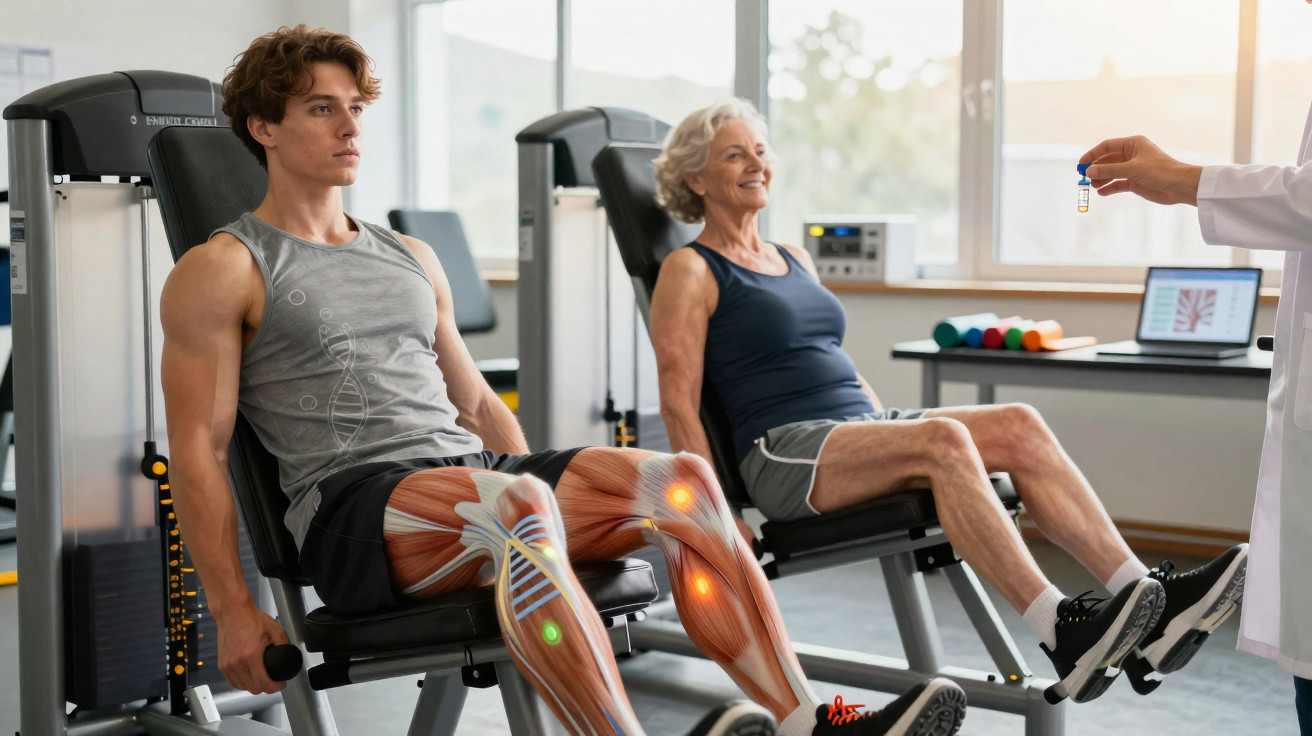 Deux personnes font des exercices de musculation des jambes en salle avec un entraîneur montrant une fiole.