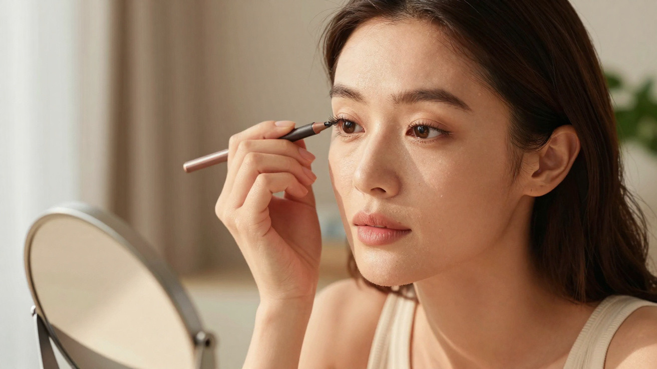 Femme appliquant du maquillage pour les yeux devant un miroir rond avec un stylo eyeliner.