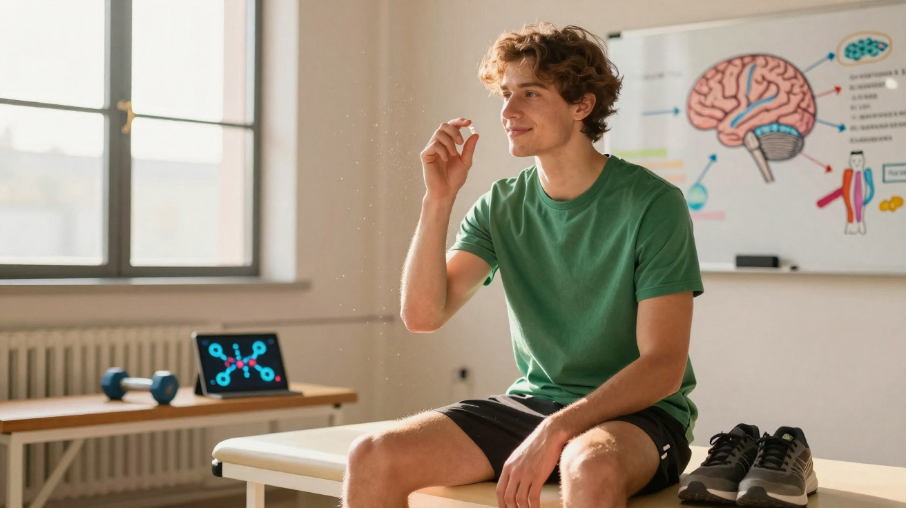 Jeune homme assis sur une table de consultation, tenant une capsule, avec un schéma du cerveau en arrière-plan.
