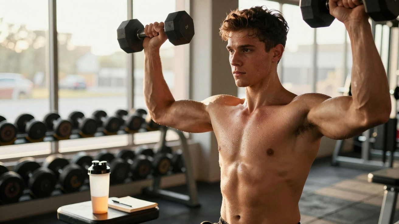 Jeune homme musclé soulevant des haltères épaules en salle de sport lumineuse.