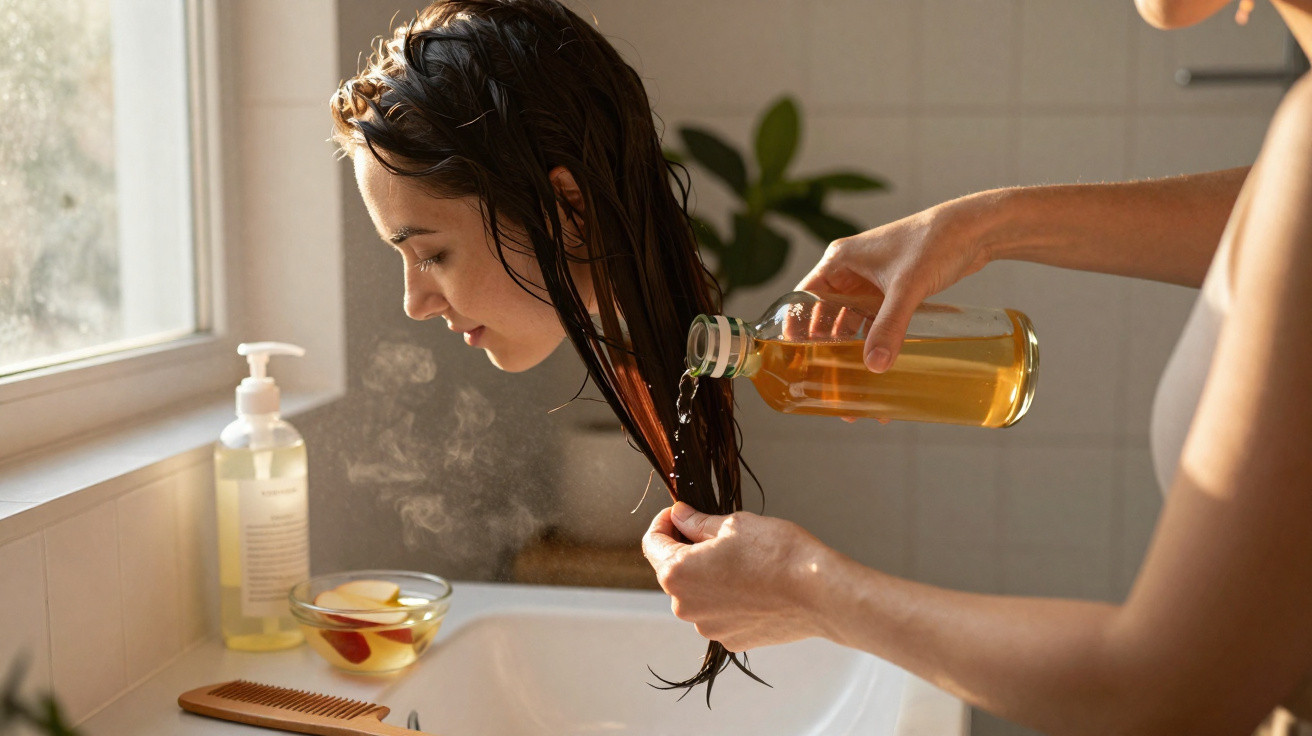 Jeune femme penchée sur un lavabo pendant qu'une autre verse une huile chaude sur ses cheveux mouillés.
