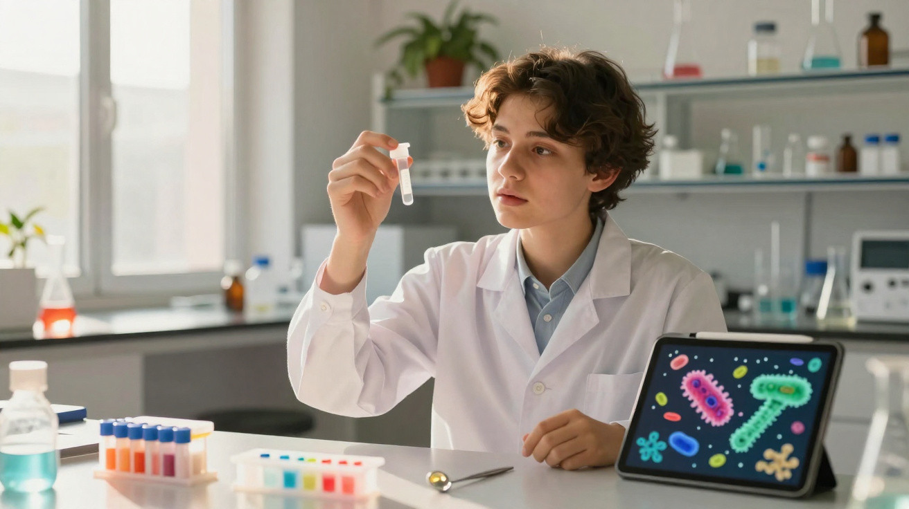 Jeune chercheur en blouse blanche examinant un échantillon liquide dans un laboratoire scientifique moderne.