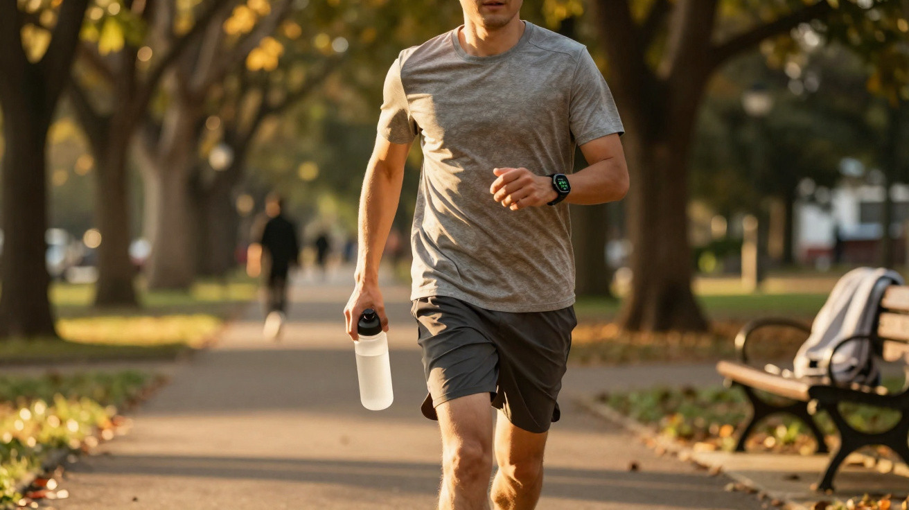 Homme en tenue de sport courant dans un parc au coucher du soleil, tenant une bouteille d'eau.