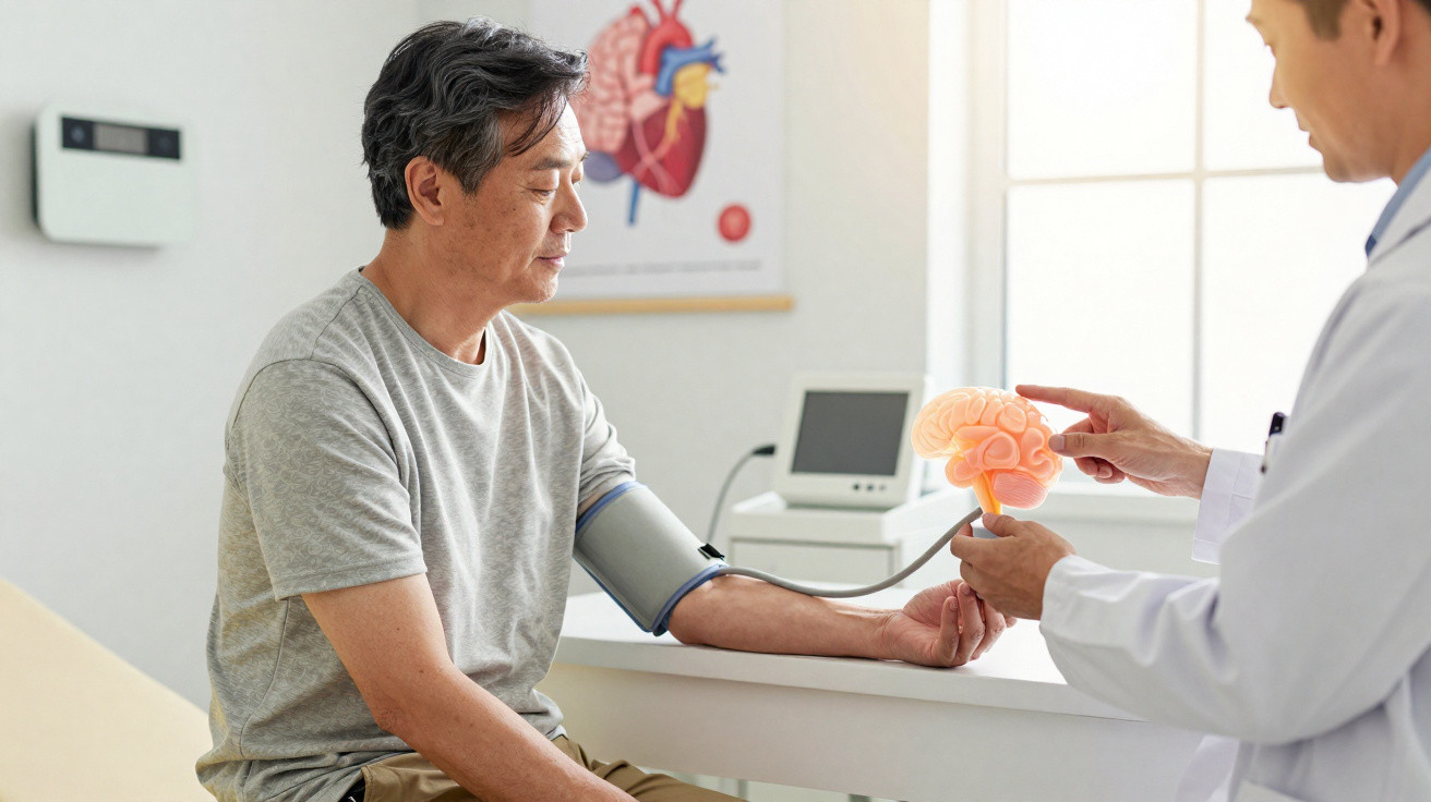 Un médecin montre un modèle de cerveau à un patient pendant une prise de tension artérielle.