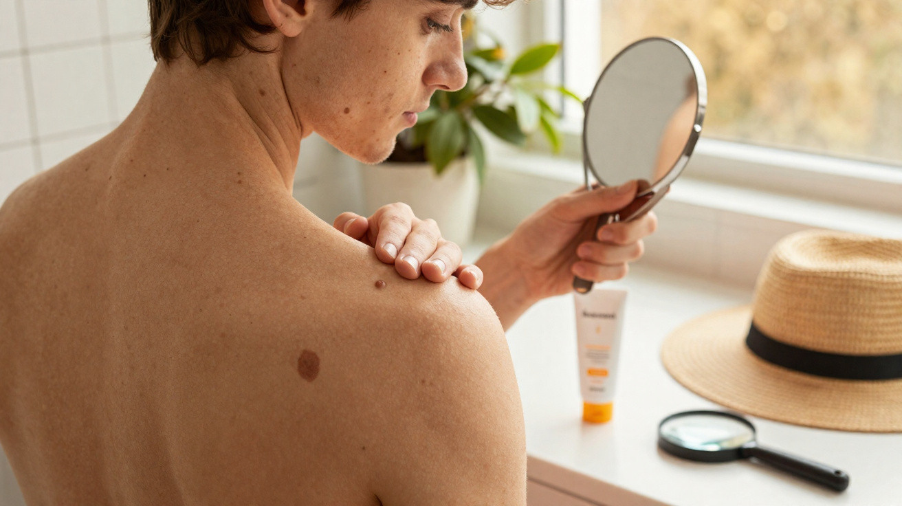 Jeune homme examinant une tache de naissance sur son épaule avec un miroir dans une pièce lumineuse.