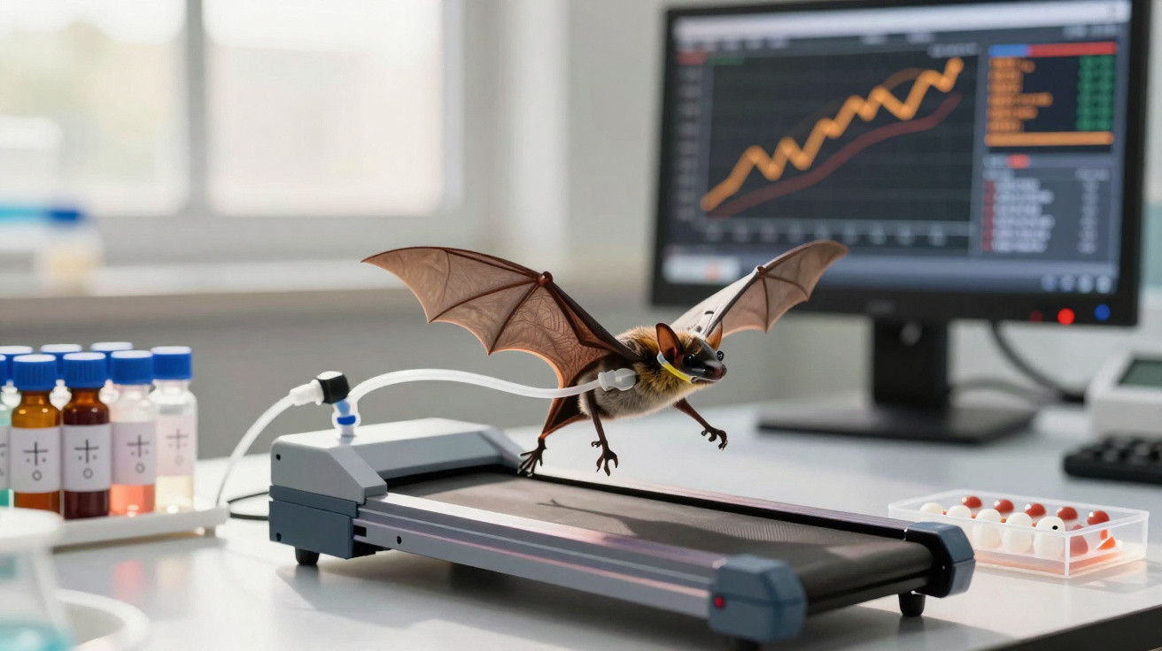 Un petit bat volant sur un tapis roulant dans un laboratoire avec un écran affichant des graphiques en arrière-plan.