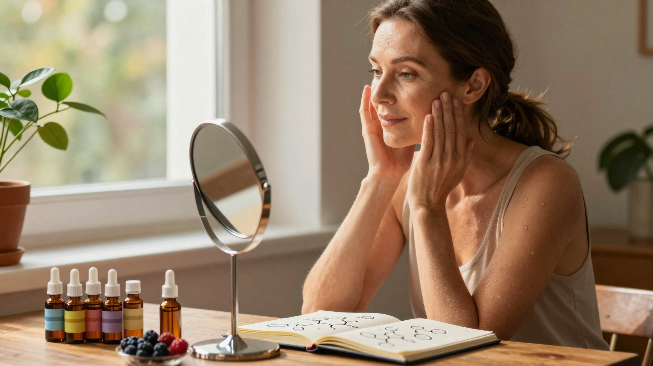 Femme examinant son visage dans un miroir, assise à une table avec des flacons, un cahier et des fruits rouges.