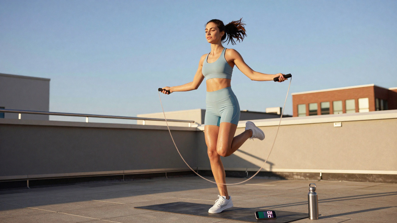 Jeune femme en tenue de sport bleu clair faisant du saut à la corde sur un toit au coucher du soleil.
