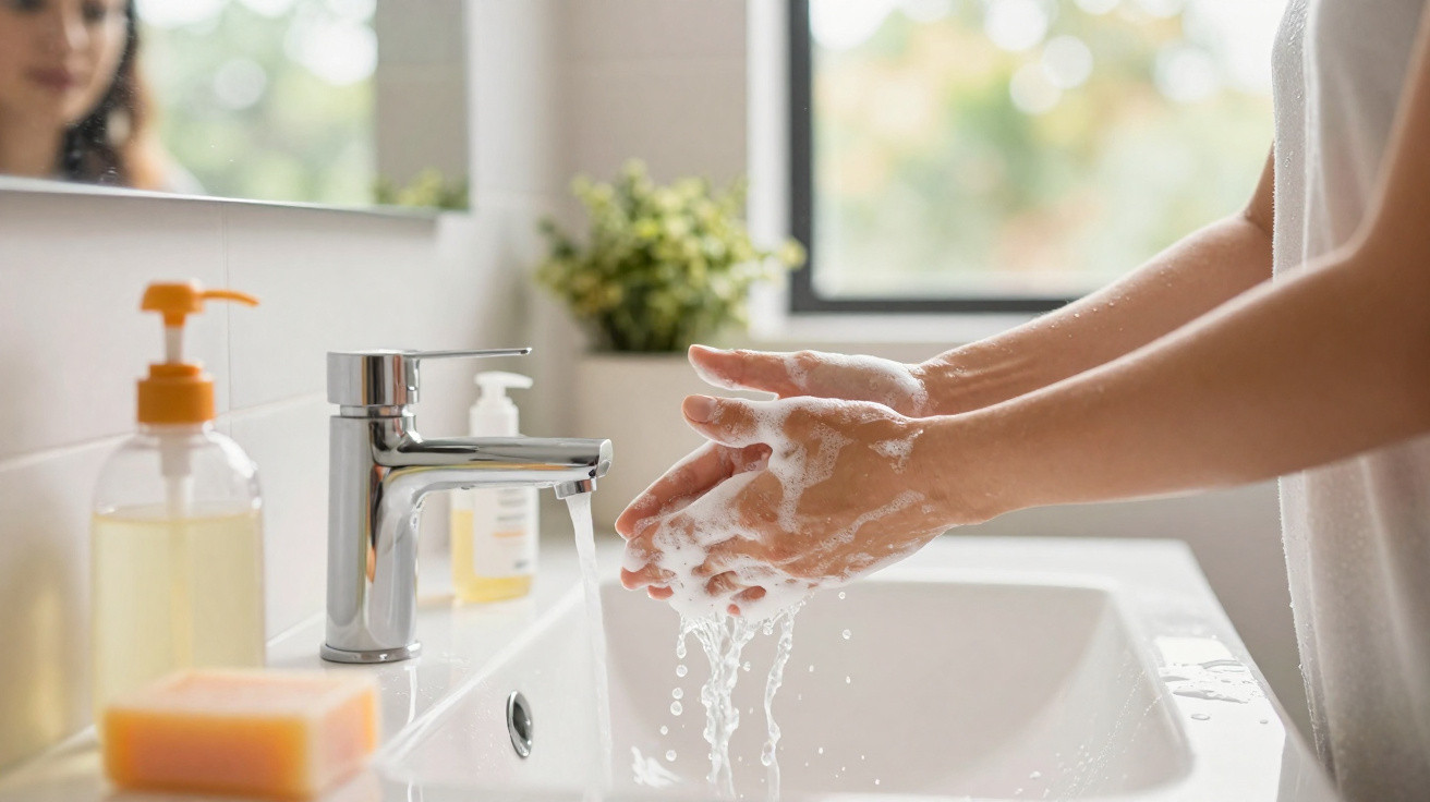 Une personne se lave les mains avec du savon mousseux au-dessus d'un lavabo moderne en lumière naturelle.