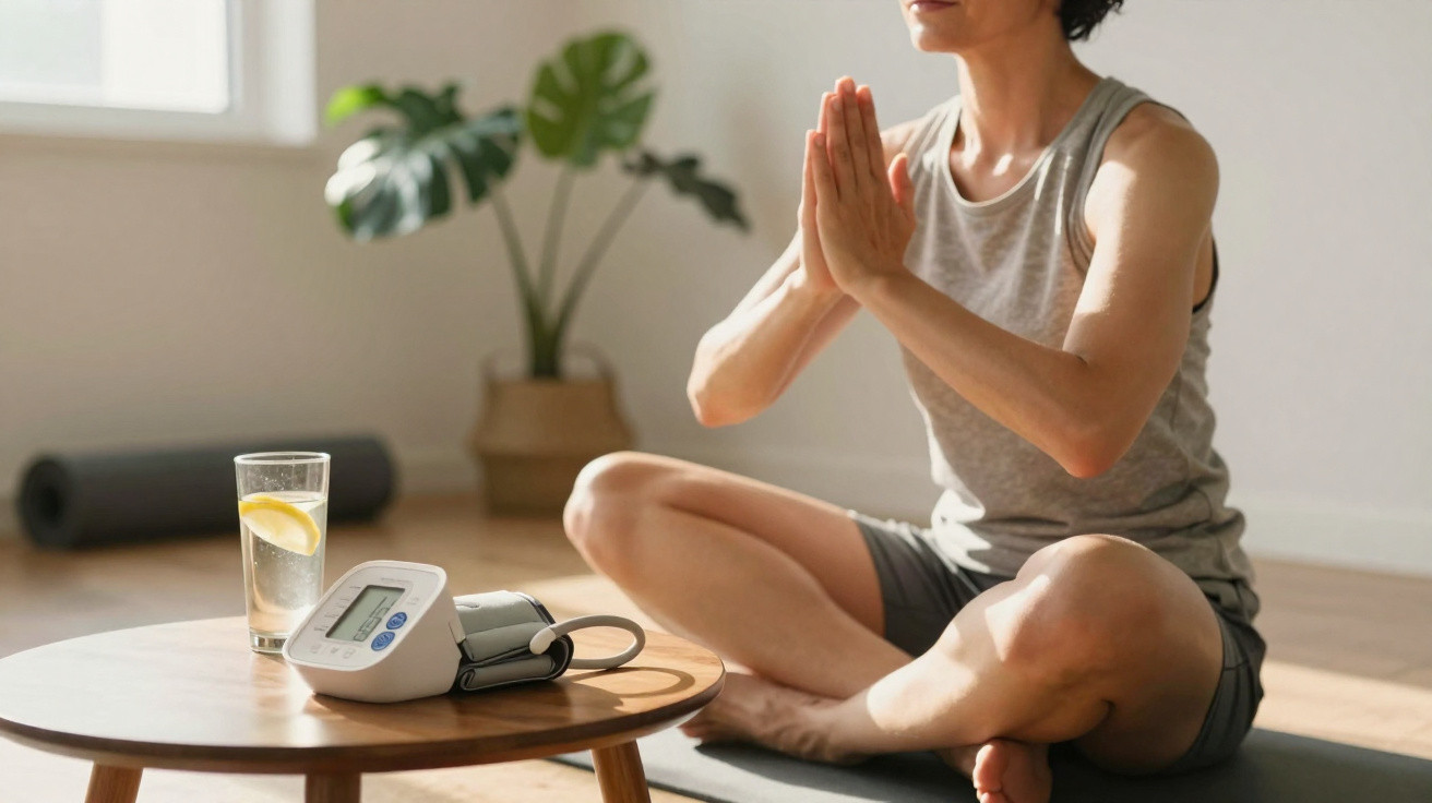 Personne assise en tailleur en méditation près d’un tensiomètre et un verre d’eau citronnée sur une table basse.