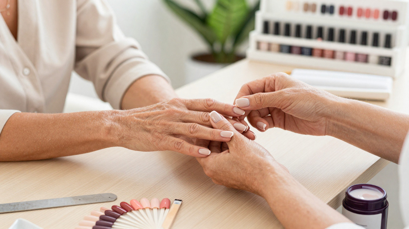Manucure professionnelle appliquant du vernis nude sur les ongles d’une cliente à une table claire.