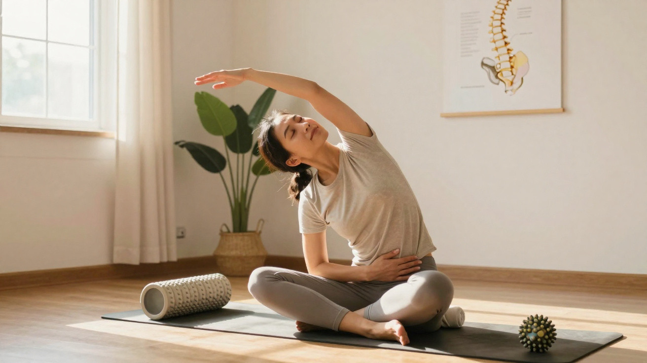 Jeune femme pratiquant des étirements de yoga assise sur un tapis dans une pièce lumineuse.