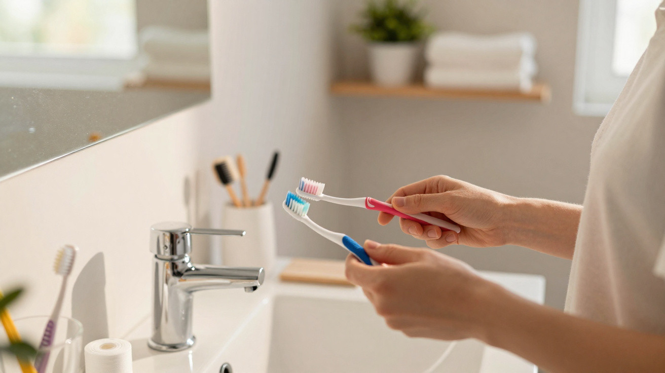 Personne dans une salle de bain tenant deux brosses à dents au-dessus du lavabo moderne.