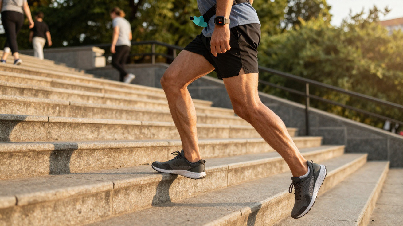 Personne en tenue de sport montant des marches en extérieur, d'autres personnes en arrière-plan.