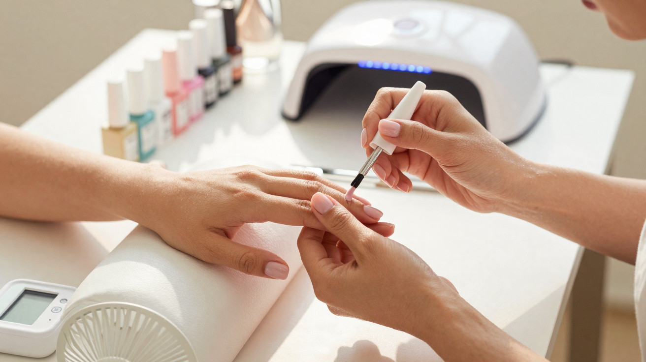 Manucure appliquant du vernis rose clair sur les ongles d’une cliente dans un salon de beauté.