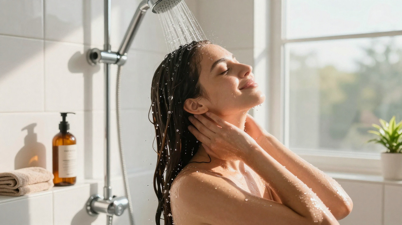 Jeune femme détendue sous la douche, eau ruisselant sur sa peau dans une salle de bain lumineuse.